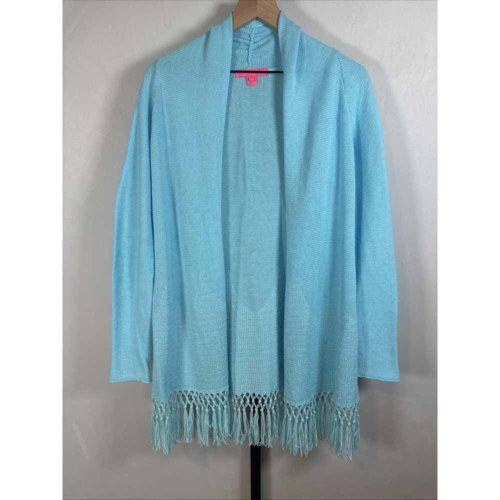 Lilly Pulitzer Fringe Hem Cardigan Sweater Size Small Blue Coastal Beach Cotton
